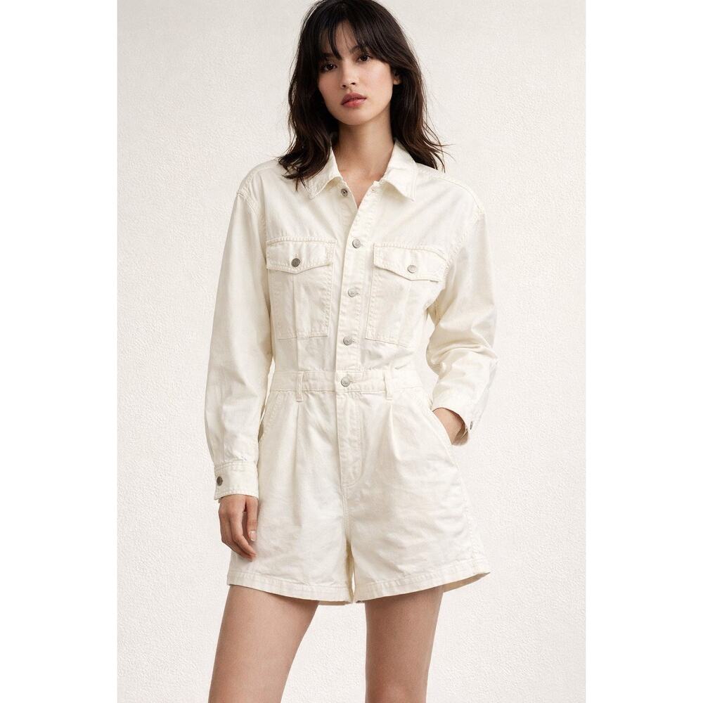 MO&Co‎ Women's Romper Ivory Denim Long Sleeve Collared Button Down 100% Cotton M